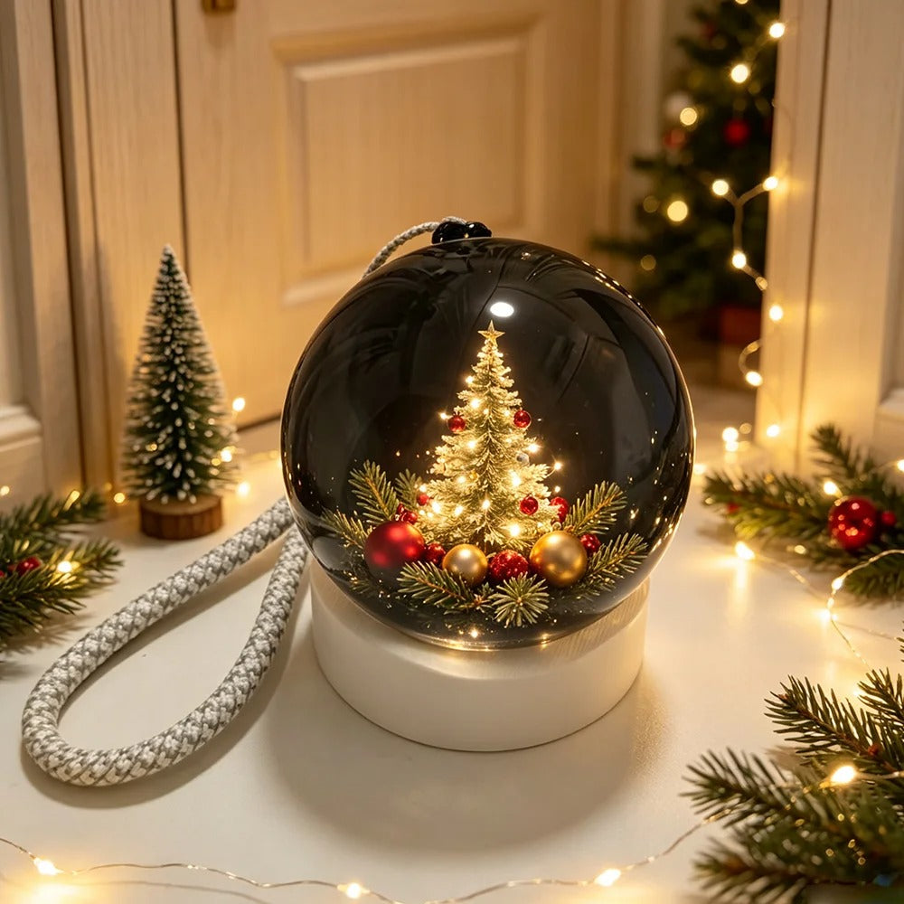 Black 3D video crystal ball glowing with a Christmas tree scene