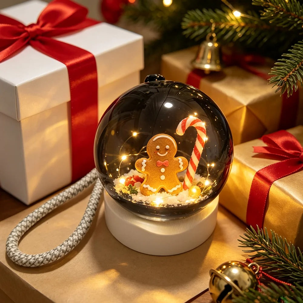 Black 3D video crystal ball with gingerbread scene among gifts