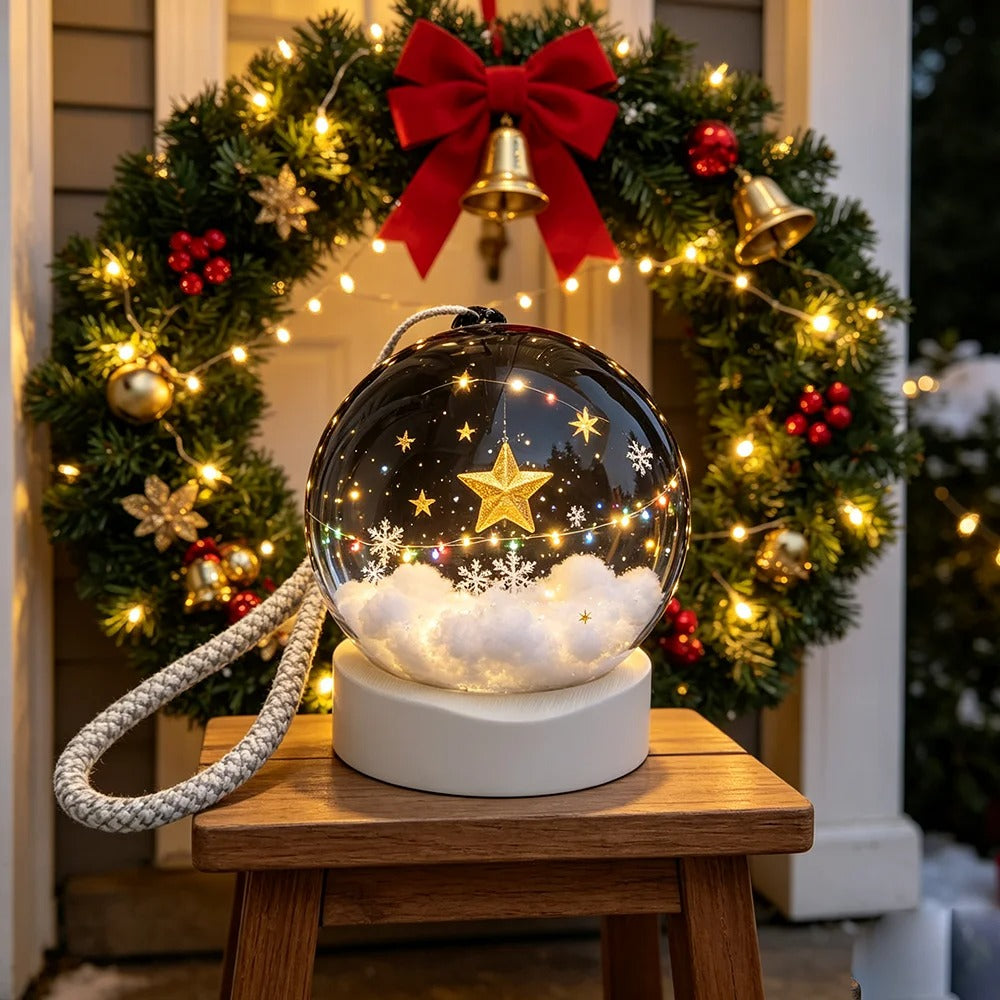 Black 3D video crystal ball with star scene in front of a Christmas wreath