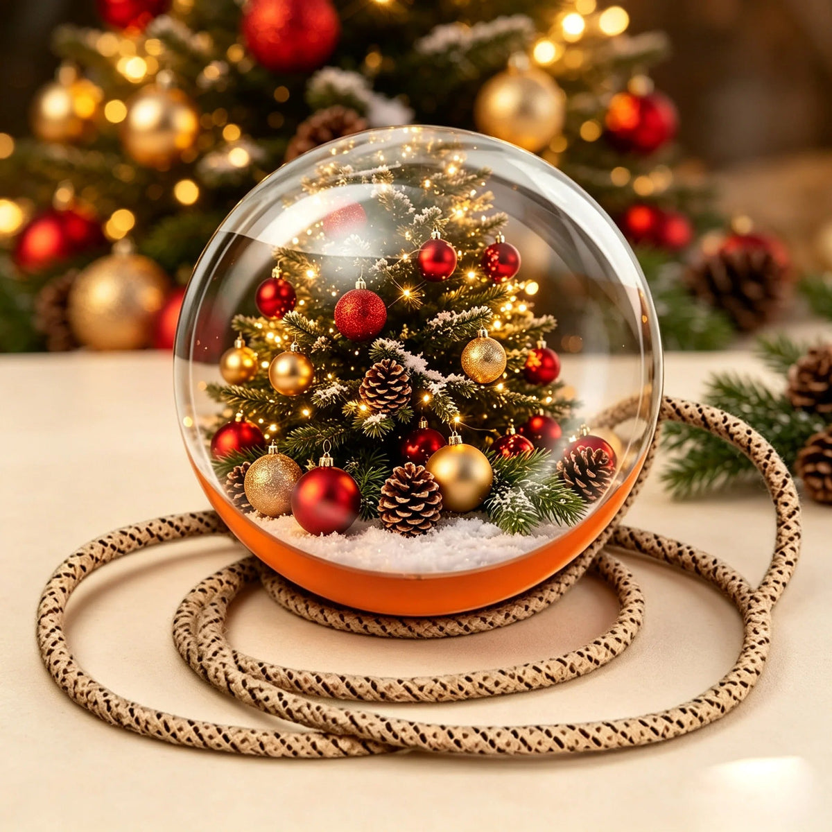 Orange 3D video crystal ball showing a Christmas tree scene