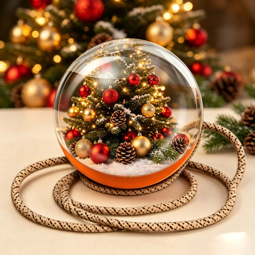 Orange 3D video crystal ball showing a Christmas tree scene