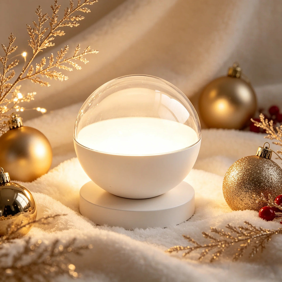 White 3D video crystal ball on its stand with gold baubles